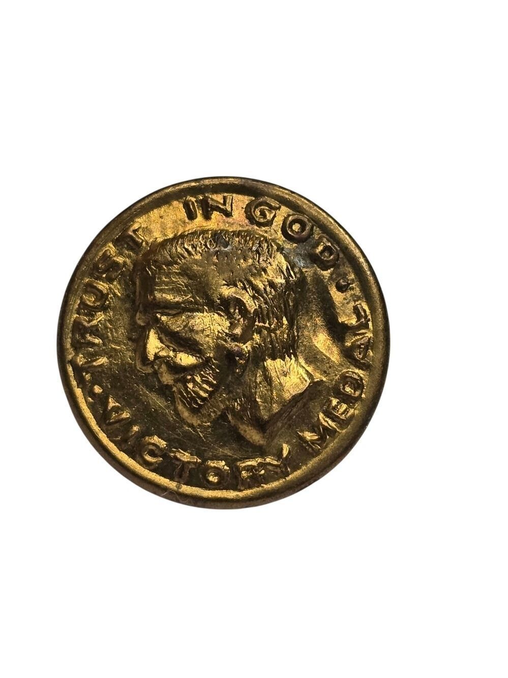 Vintage Gold Tone Victory Medal Shank Button In God We Trust Military Style